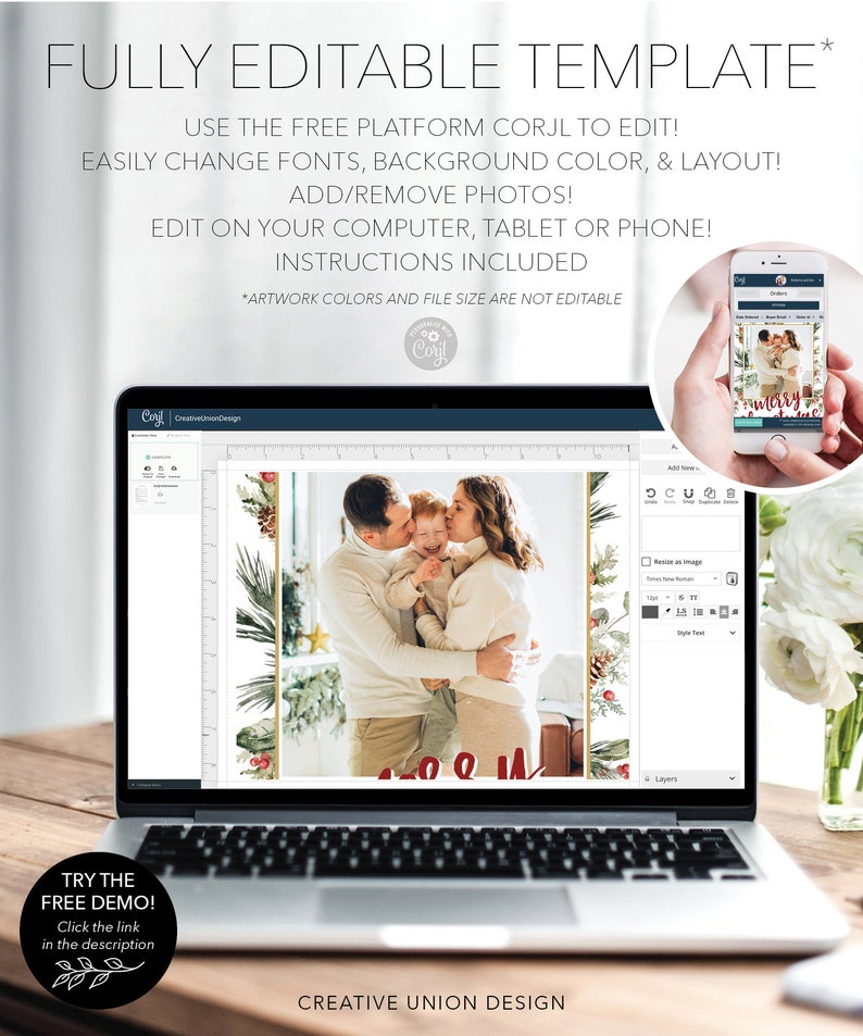 May include: A laptop screen displays a family photo with holiday greenery, part of a fully editable template. The text reads "FULLY EDITABLE TEMPLATE" and "CREATIVE UNION DESIGN". A smartphone shows the same design. A demo is available.