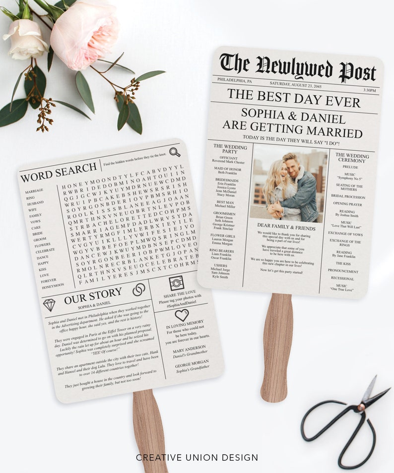 May include: A wedding fan with a newspaper design featuring a word search puzzle, a wedding ceremony schedule, and a couple's love story. The fan is decorated with a diamond ring and a camera icon. The text on the fan reads "The Newlywed Post" and "Sophia & Daniel are getting married".