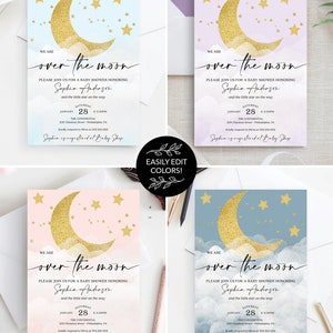 May include: Four baby shower invitations with a gold crescent moon and stars on a watercolor background. The text "We are over the moon" is written in black script. The invitations are for a baby shower honoring Sophia Anderson and the little star on the way. The date and time of the shower are listed as Saturday, January 28th, 2-3:30 PM. The location is The Continental, 235 Chestnut Street, Philadelphia, PA. The invitations also include the text "Sophia is registered at Baby Shop."