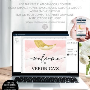 May include: A digital template displayed on a laptop screen featuring a pink cloud background with a gold glitter crescent moon and the text welcome to VERONICA'S BABY SHOWER. A small circular inset shows the same design on a smartphone screen.