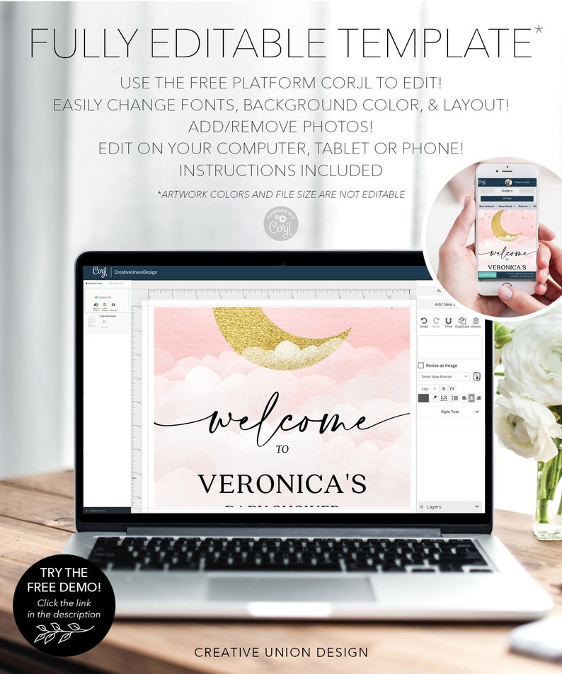 May include: A digital template displayed on a laptop screen featuring a pink cloud background with a gold glitter crescent moon and the text welcome to VERONICA'S BABY SHOWER. A small circular inset shows the same design on a smartphone screen.