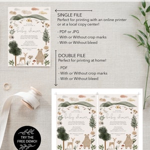 May include: A printable baby shower invitation with a woodland theme. The invitation features a watercolor illustration of a forest scene with a bear, deer, and flowers. The text on the invitation reads "Please join us for a baby shower".