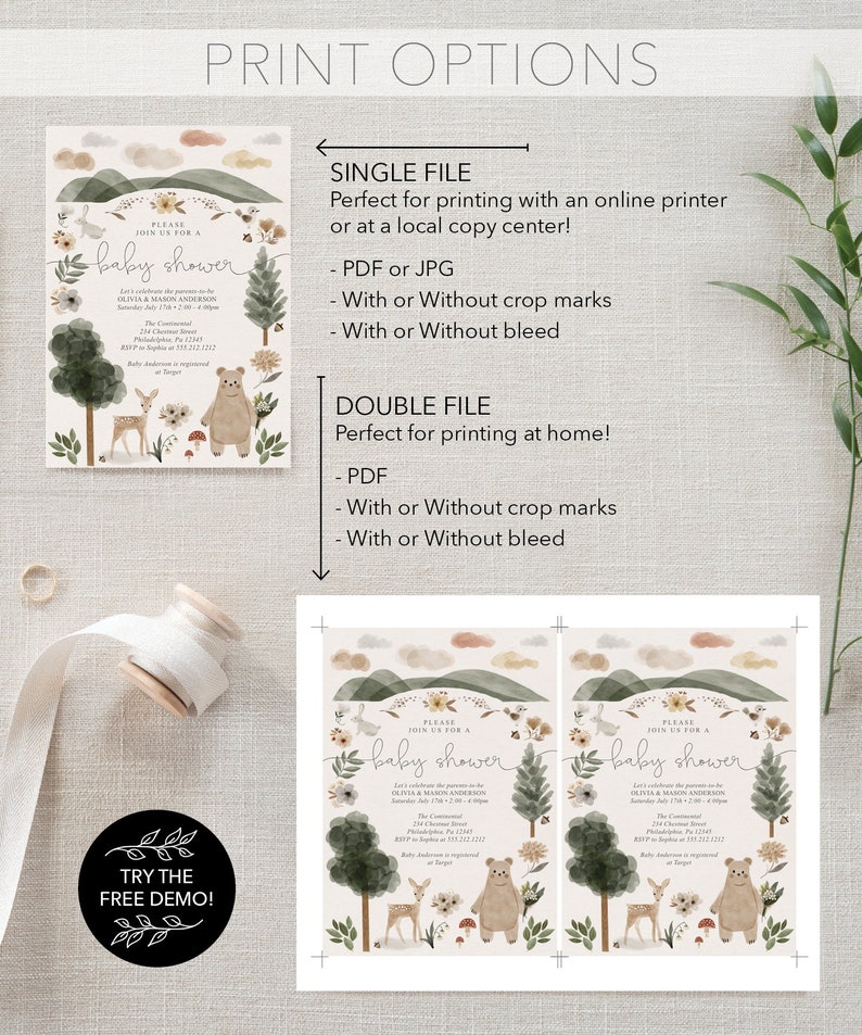 May include: A printable baby shower invitation with a woodland theme. The invitation features a watercolor illustration of a forest scene with a bear, deer, and flowers. The text on the invitation reads "Please join us for a baby shower".