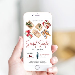 Pu&ograve; includere: Lo schermo di uno smartphone mostra un invito a tema festivo per uno scambio di regali di Secret Santa. L'invito presenta illustrazioni ad acquerello di regali confezionati, il testo "Secret Santa" e i dettagli dell'evento.