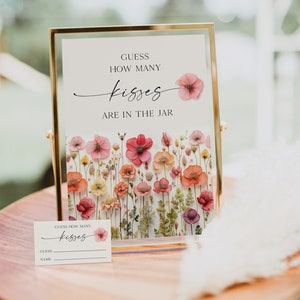 Modèle de jeu Combien de baisers, jeu de douche nuptiale bohème, jeu de bisous, enseigne et cartes, décoration florale de douche nuptiale, imprimable, tiges de fleurs