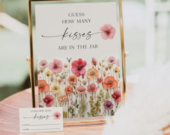 Modelo de jogo &quot;Quantos Beijos&quot;, Jogo de Chá de Panela Boho, Jogo de Beijos, Placas e Cartões, Decoração Floral para Chá de Panela, Para Imprimir, Hastes de Flores