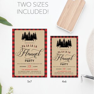 May include: Two sizes of Flannel Party invitations are shown. The invitations have a red and black plaid border, with the text "Fa La La La Flannel Party" in a decorative font. The invitations are 5x7 inches and 4x6 inches.