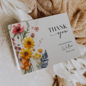 ワイルドフラワーのサンキューカード、女の子のベビーシャワーのサンキューカード、押し花、パーソナライズされたサンキュー、サンキューカードのテンプレート、カラフル、ボヘミアン
