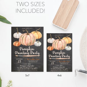 May include: Two sizes of pumpkin painting party invitations are shown. The invitations feature watercolor pumpkins in orange, white, and pink on a black chalkboard background. The text includes the date, time, and location.