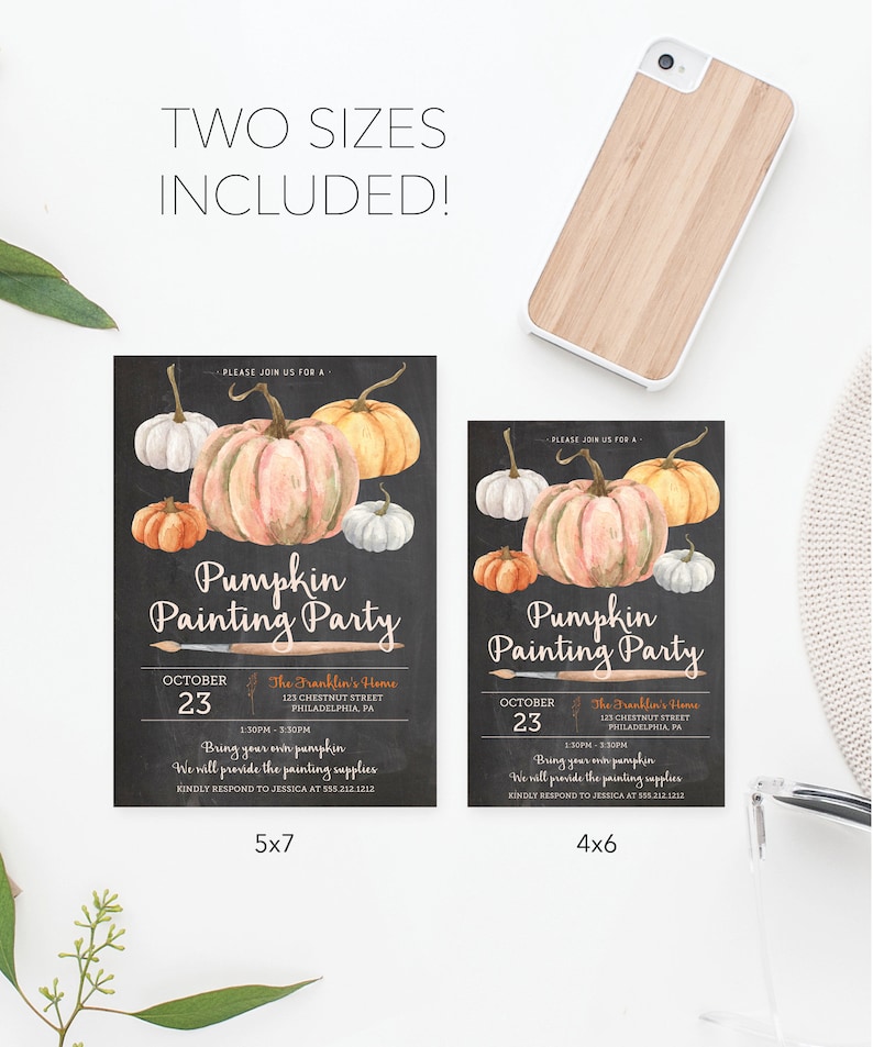 May include: Two sizes of pumpkin painting party invitations are shown. The invitations feature watercolor pumpkins in orange, white, and pink on a black chalkboard background. The text includes the date, time, and location.