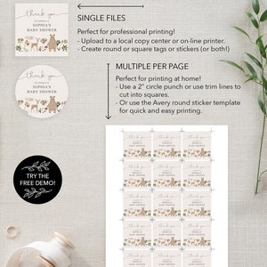 Op de afbeelding: Printbare bedankkaartjes voor een babyshower. De kaartjes hebben een bos-thema met een bruine beer, een hert en bloemen. De tekst op de kaartjes luidt "Bedankt voor het aansluiten bij Sophia's babyshower". De afbeelding toont verschillende printopties, waaronder enkele bestanden en meerdere per pagina.