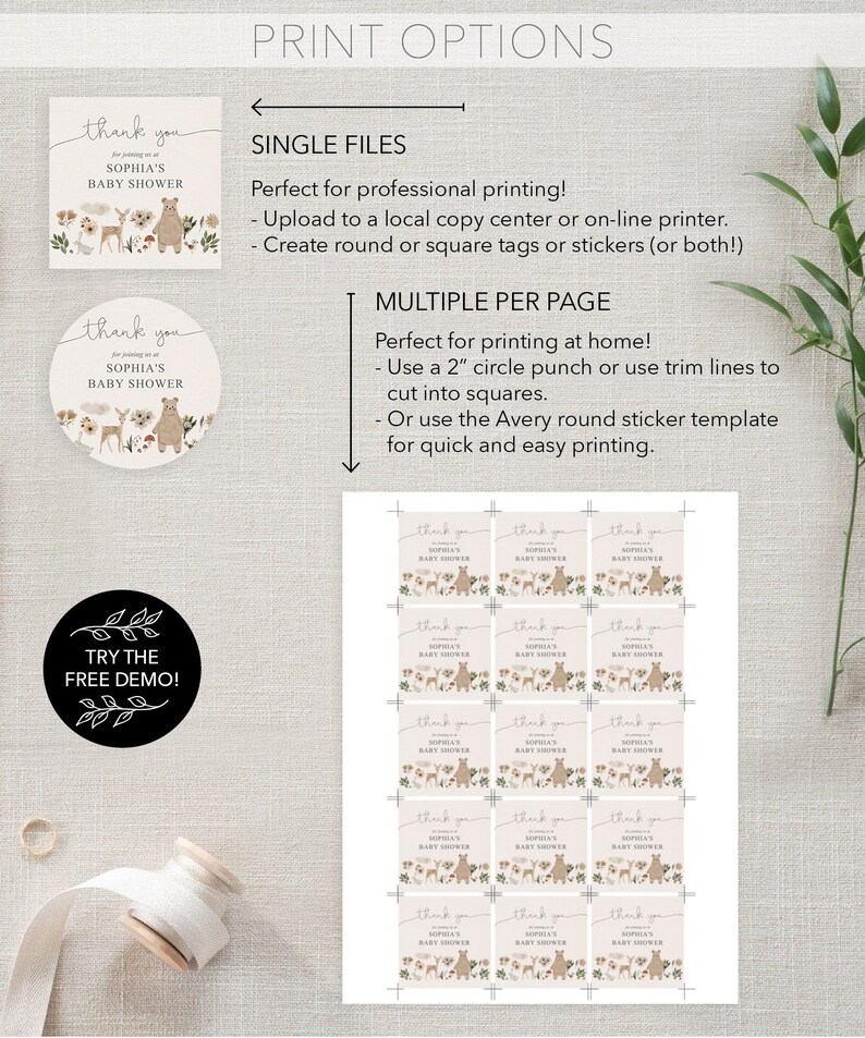 Op de afbeelding: Printbare bedankkaartjes voor een babyshower. De kaartjes hebben een bos-thema met een bruine beer, een hert en bloemen. De tekst op de kaartjes luidt "Bedankt voor het aansluiten bij Sophia's babyshower". De afbeelding toont verschillende printopties, waaronder enkele bestanden en meerdere per pagina.