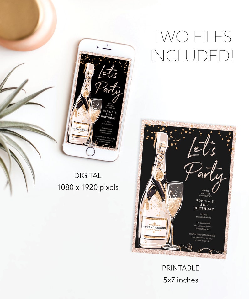 May include: Two printable invitations for a 21st birthday party. The invitations feature a black background with gold glitter and a champagne bottle and glass. The text on the invitations reads "Let's Party" and "Sophia's 21st Birthday". The invitations are available in digital and printable formats. The digital format is 1080 x 1920 pixels and the printable format is 5x7 inches.