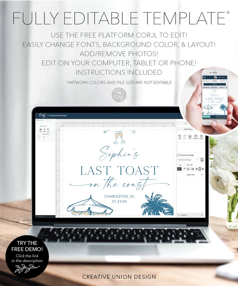 May include: A laptop screen displaying a digital design template for a last toast party invitation. The template features a blue and white beach scene with the text "Sophia's Last Toast on the Coast" and the date "01.23.45".