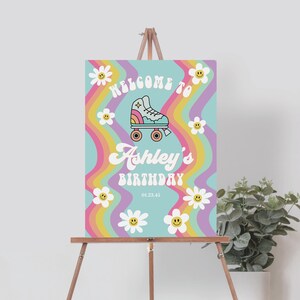 Plantilla de letrero de bienvenida con patines retro, fiesta de bienvenida de cumpleaños, imprimible, descarga instantánea, arcoíris de los años 70, cumpleaños de Daisy, hippie, patinaje