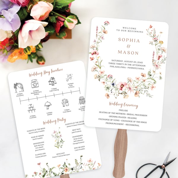 Dainty Wildflower Wedding Program Fan Template, Editable Program with Timeline, Printable Wedding Programs, Fans for Guests, Floral