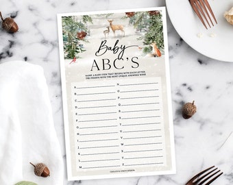 ABC's Baby Shower Game, Baby Shower Game, Baby ABCs, Printable, Instant Download, Gender Neutral, Boy, Girl, Winter Woodland Wonderland