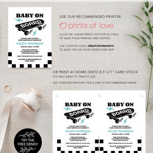 May include: A black and white printable baby shower invitation featuring a skateboard graphic with the text "Baby On Board". The invitation includes the name "Willow Anderson" and the date and time of the shower. The invitation also features a chequered pattern and the text "Try the Free Demo!"
