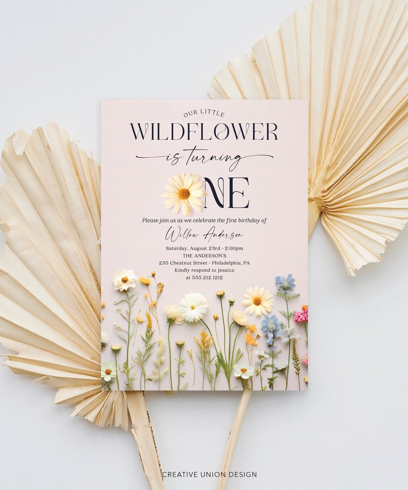 May include: A pink and white invitation with a floral design. The text reads "Our Little Wildflower is turning One" and includes the name "Willow Anderson" and details for a first birthday party.