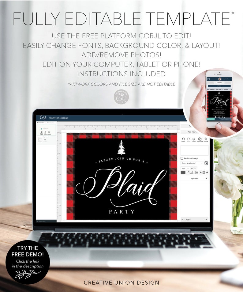 May include: A laptop displays a plaid party invitation template with red and black buffalo check borders. The invitation features white script text that reads "Plaid Party." The image also shows a phone displaying the same design. Text on the screen says "FULLY EDITABLE TEMPLATE."