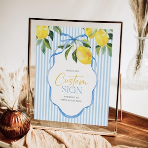 Modelo de placa personalizada editável, placa personalizada para chá de bebê, lembrancinhas, presentes e cartões, placas de mesa para impressão, azul cítrico, elegante, listras, limão