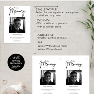 May include: A black and white image of a man with the text "In Loving Memory" above his photo. The image is a template for a funeral programme or memorial card. The text below the photo includes the name "Daniel Anderson" and dates. The text "Print Option Included!" is at the top of the image. The text "Single 5x7 File" and "Double File" are listed with details about the file types and options. The text "Try the Free Demo!" is in a black circle with a white leaf design.
