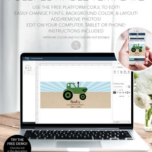 May include: A laptop displays a customizable birthday party invitation template with a green tractor design. The text reads "Noah's 4th Birthday Party." The design is editable on a computer, tablet, or phone.