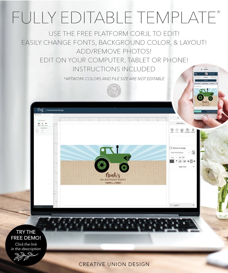 May include: A laptop displays a customizable birthday party invitation template with a green tractor design. The text reads "Noah's 4th Birthday Party." The design is editable on a computer, tablet, or phone.