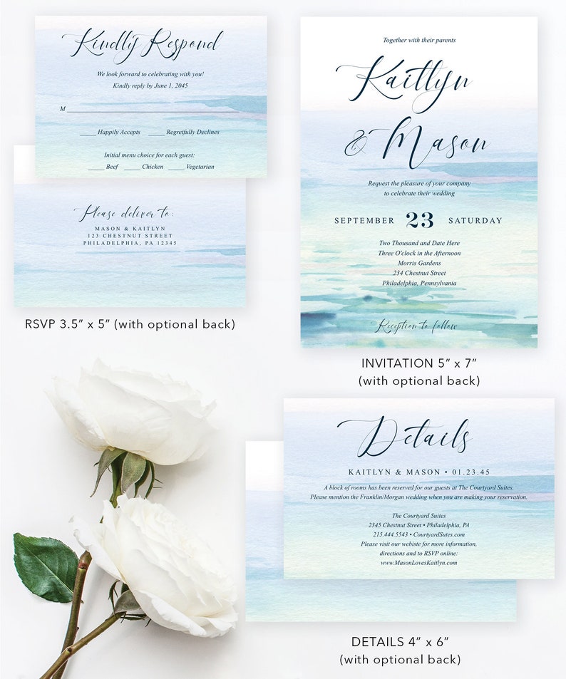 Minimal Beach Wedding Invitations Template, Printable Wedding Invitation Set, Destination Wedding, RSVP Card, Details Card, Modern, Sea image 9