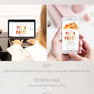 Puede incluir: Invitaci&oacute;n digital editable para una fiesta de pizza. La invitaci&oacute;n presenta una rebanada de pizza de dibujos animados con texto rojo, naranja y amarillo que dice "Join us for a Pizza Party".