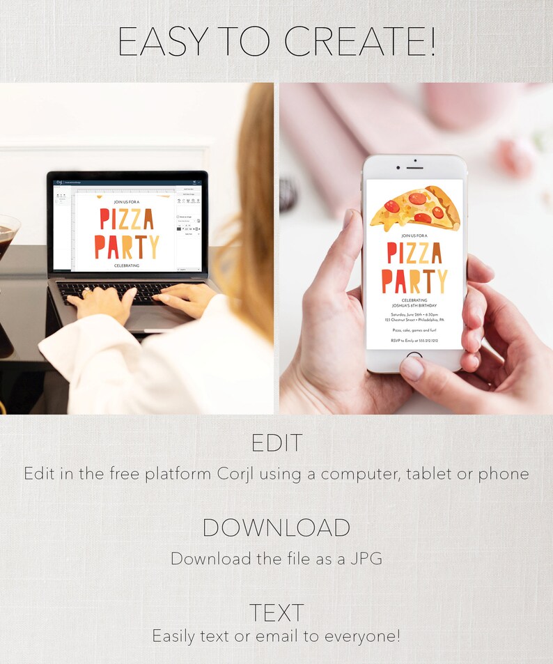 Puede incluir: Invitaci&oacute;n digital editable para una fiesta de pizza. La invitaci&oacute;n presenta una rebanada de pizza de dibujos animados con texto rojo, naranja y amarillo que dice "Join us for a Pizza Party".