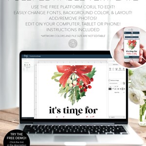Op de afbeelding: Een laptop toont een vakantieontwerp met een rode strik en groen. De tekst "it's time for" is zichtbaar. De afbeelding toont ook een smartphone met hetzelfde ontwerp. De tekst "FULLY EDITABLE TEMPLATE" staat bovenaan.
