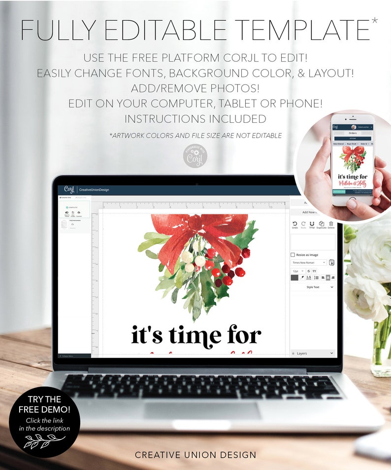 Op de afbeelding: Een laptop toont een vakantieontwerp met een rode strik en groen. De tekst "it's time for" is zichtbaar. De afbeelding toont ook een smartphone met hetzelfde ontwerp. De tekst "FULLY EDITABLE TEMPLATE" staat bovenaan.