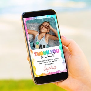 Tarjeta de agradecimiento digital, tarjeta de agradecimiento para fiesta de cumpleaños, tie dye, fiesta de cumpleaños infantil, gracias por los regalos, tarjeta de agradecimiento con foto, descarga