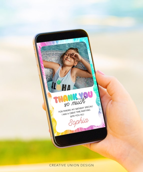 Digital Thank You Card, Birthday Party Thank You, Tie Dye, Kids Birthday Party, Thank You For the Gifts, Thank You Card with Photo, Download