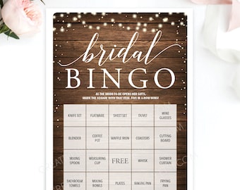 Bridal Shower Bingo Game - 76 Unique Game Sheets - Wedding Shower Game - Bridal Bingo - Rustic Wood - String Lights - Instant Download