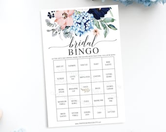 Bridal Shower Bingo Game - 60 Unique Game Sheets - Wedding Shower Game - Shower Bingo - Bridal Bingo - Instant Download- Navy Blooms
