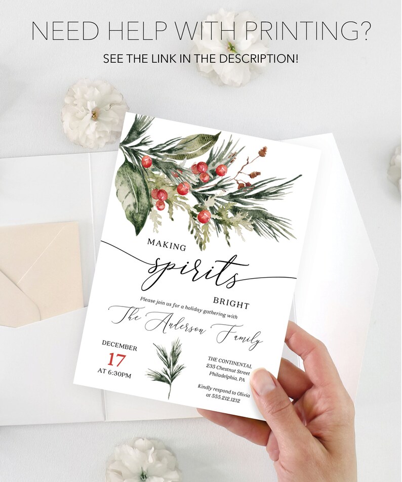 Pu&ograve; includere: Un biglietto d'invito bianco con elementi di vegetazione ad acquerello e bacche rosse, con il testo "MAKING SPIRITS BRIGHT". La carta include i dettagli dell'evento: data, ora, luogo e informazioni di contatto. &Egrave; visibile anche il testo "NEED HELP WITH PRINTING? SEE THE LINK IN THE DESCRIPTION!"