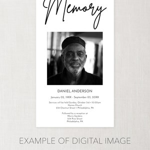 May include: A black and white photograph of a man wearing a black hat. The text reads "In Loving Memory, Daniel Anderson, January 02, 19XX - September 03, 20XX. Services will be held Sunday, October 3rd, 10:00am, Haines Church, 234 Chestnut Street, Philadelphia, PA. Followed by a reception at Morris Gardens, 234 Pine Street, Philadelphia, PA."