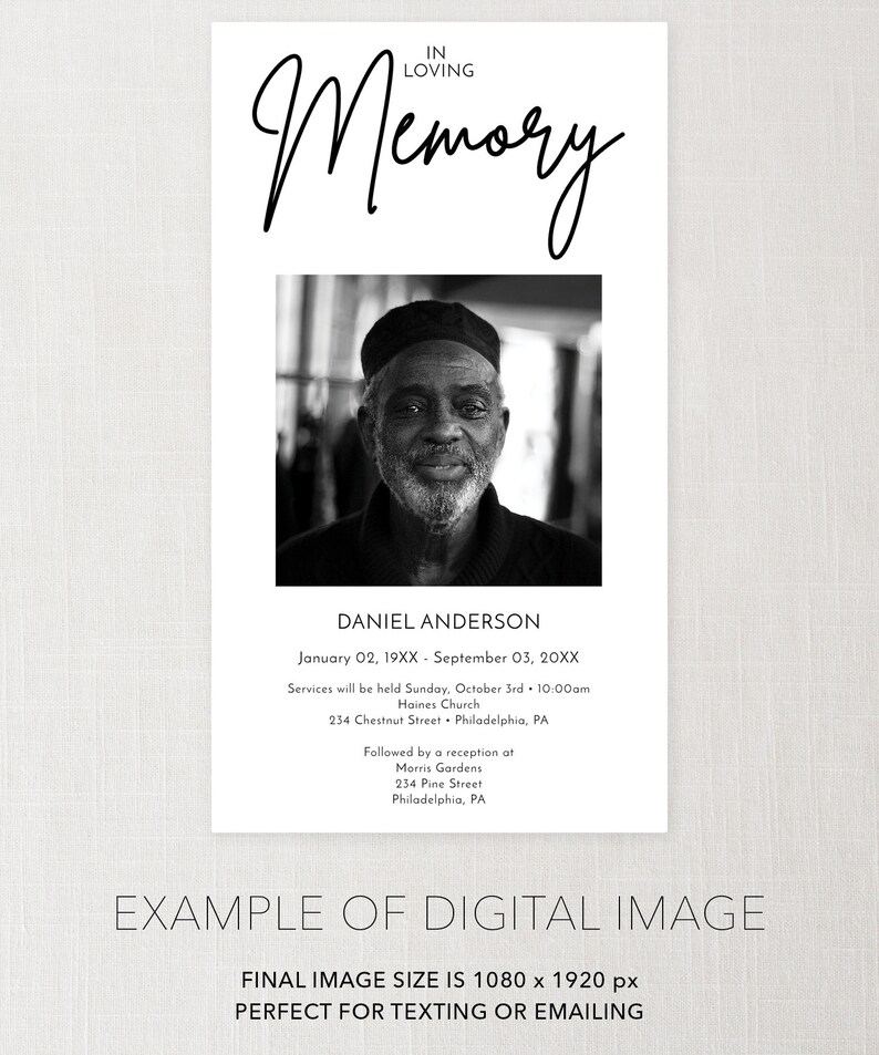 May include: A black and white photograph of a man wearing a black hat. The text reads "In Loving Memory, Daniel Anderson, January 02, 19XX - September 03, 20XX. Services will be held Sunday, October 3rd, 10:00am, Haines Church, 234 Chestnut Street, Philadelphia, PA. Followed by a reception at Morris Gardens, 234 Pine Street, Philadelphia, PA."