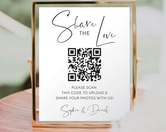 Share The Love QR Code Sign Template, Scannable Photo Sharing Sign, Share Your Photos, Wedding, Capture The Love, Download, Minimal Script