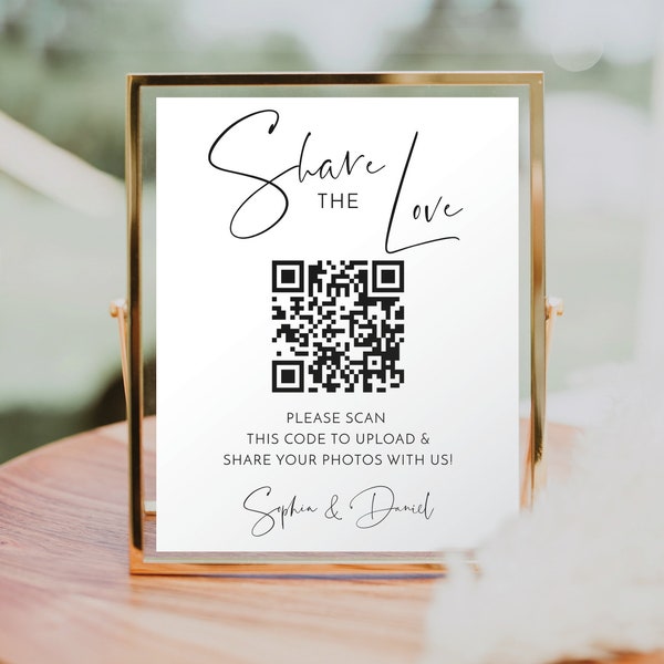 Teilen Sie die Liebe QR-Code-Zeichen Vorlage, scannbares Foto-Sharing-Zeichen, Teilen Sie Ihre Fotos, Hochzeit, Erfassen Sie die Liebe, Download, Minimal Script