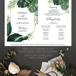 Monstera Fan Tropical Monstera Wedding Program Fan Template, Printable Fan Program ...