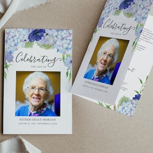 Plantilla de programa funerario de hortensia azul vintage, programa imprimible de celebración de la vida, obituario editable, recuerdo amoroso, descarga instantánea