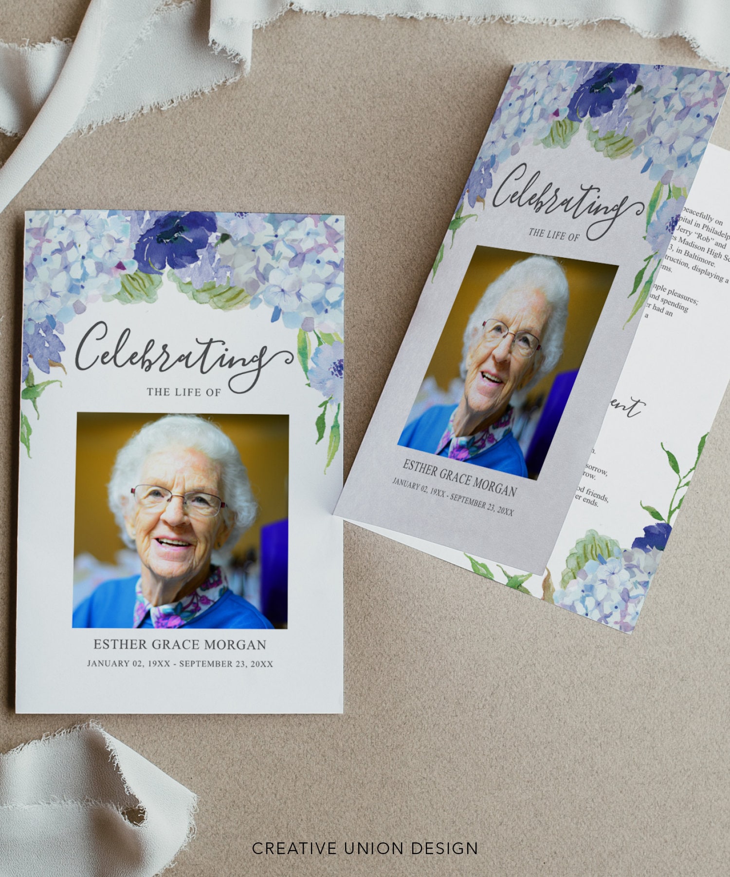 Vintage Blue Hydrangea Funeral Program Template, Printable Celebration of Life Program, Editable Obituary, Loving Memory, Instant Download