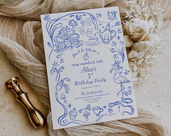 Alice in Wonderland Birthday Party Invitation Template, Hand Drawn Birthday Party Invite, First Birthday, 1st Birthday Girl, Tea Party
