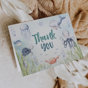 Tarjeta de agradecimiento bajo el mar, tarjeta de agradecimiento para baby shower, tarjeta de agradecimiento imprimible, plantilla de tarjeta de agradecimiento, baby shower de niño, bebé del océano