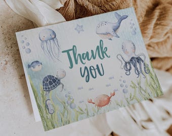 Under The Sea Thank You Card, Baby Shower Thank You Card, Printable Thank You Card, Thank You Card Template, Boy Baby Shower, Ocean Baby