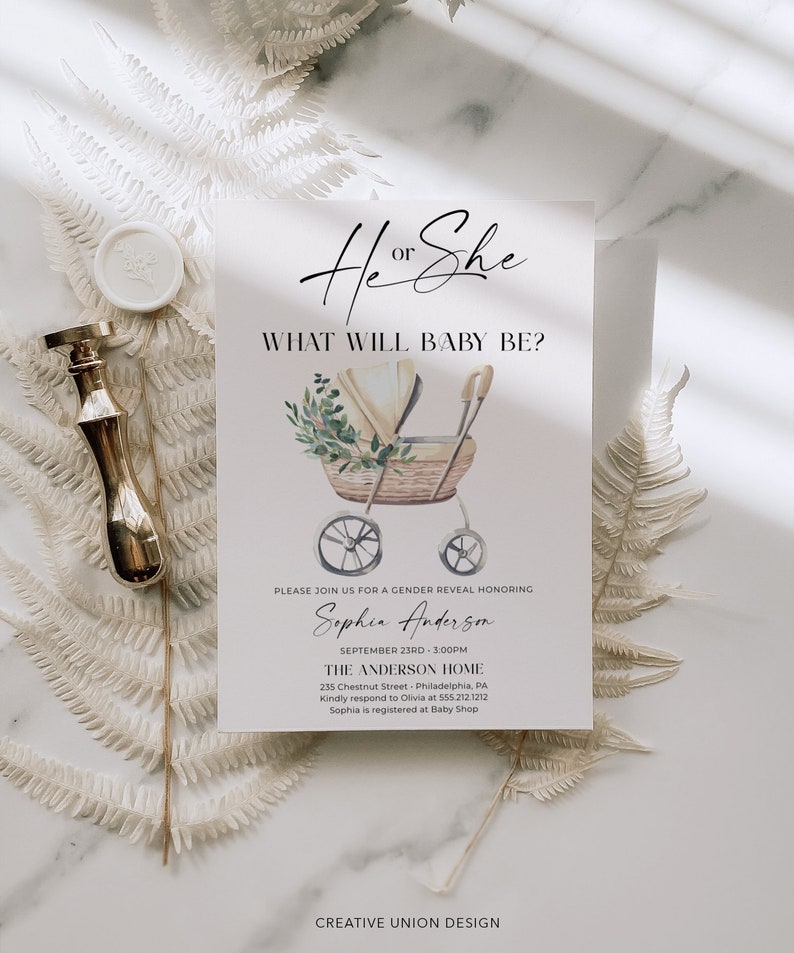 May include: A white gender reveal invitation card featuring a watercolor illustration of a wicker baby carriage with greenery. The text reads He or She, WHAT WILL BABY BE?, and includes event details for Sophia Anderson on September 23rd at 3:00PM.