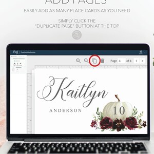 May include: A laptop screen displays a place card design with the name "Kaitlyn Anderson" and a white pumpkin with the number 10. The design includes burgundy flowers and greenery. Text at the top says "ADD PAGES".